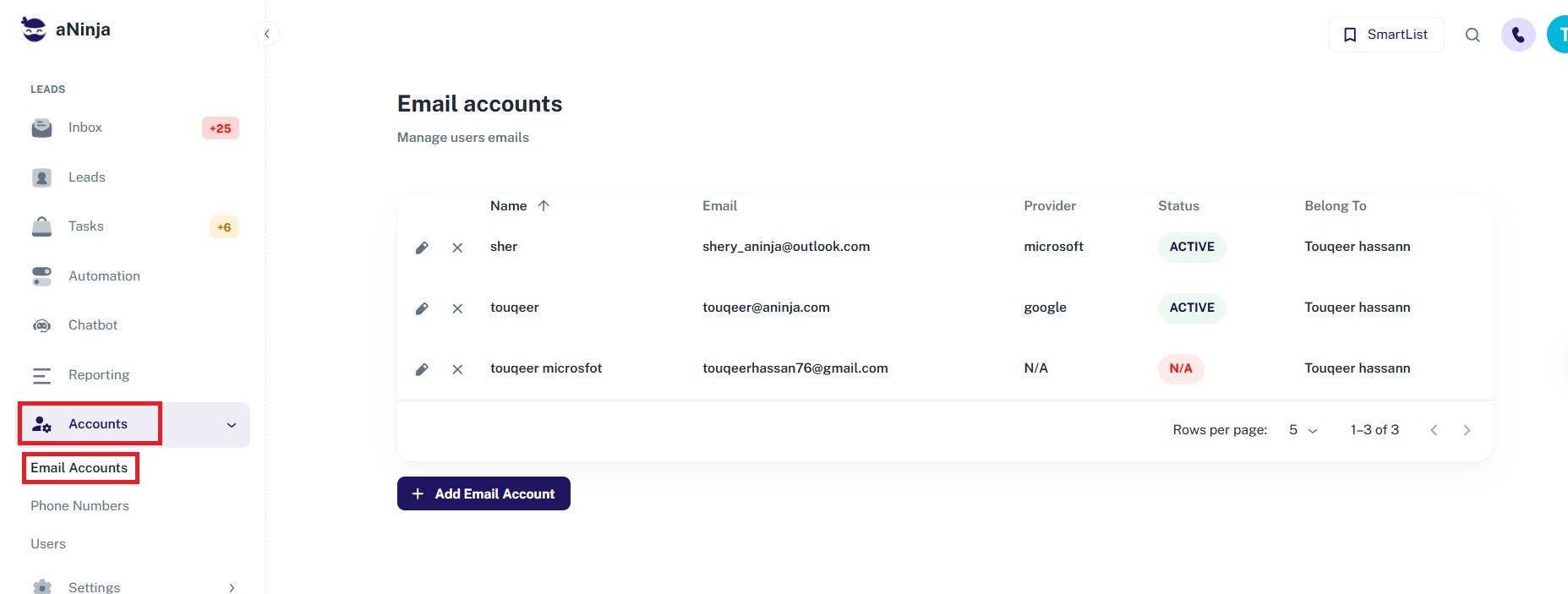 screenshot of email accounts