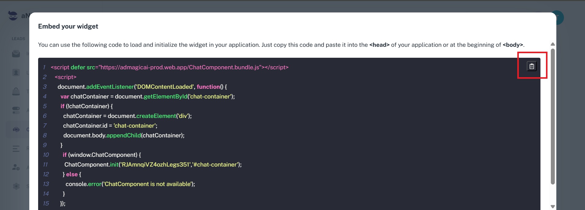 Chatbot embed code screenshot